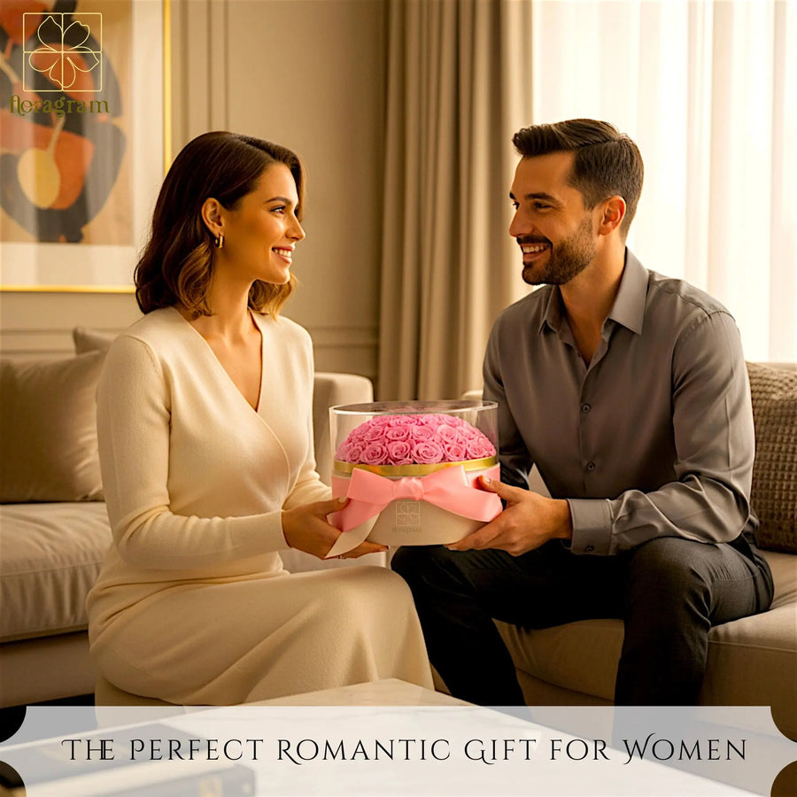 Couple with Floragram pink preserved roses — romantic gift Canada