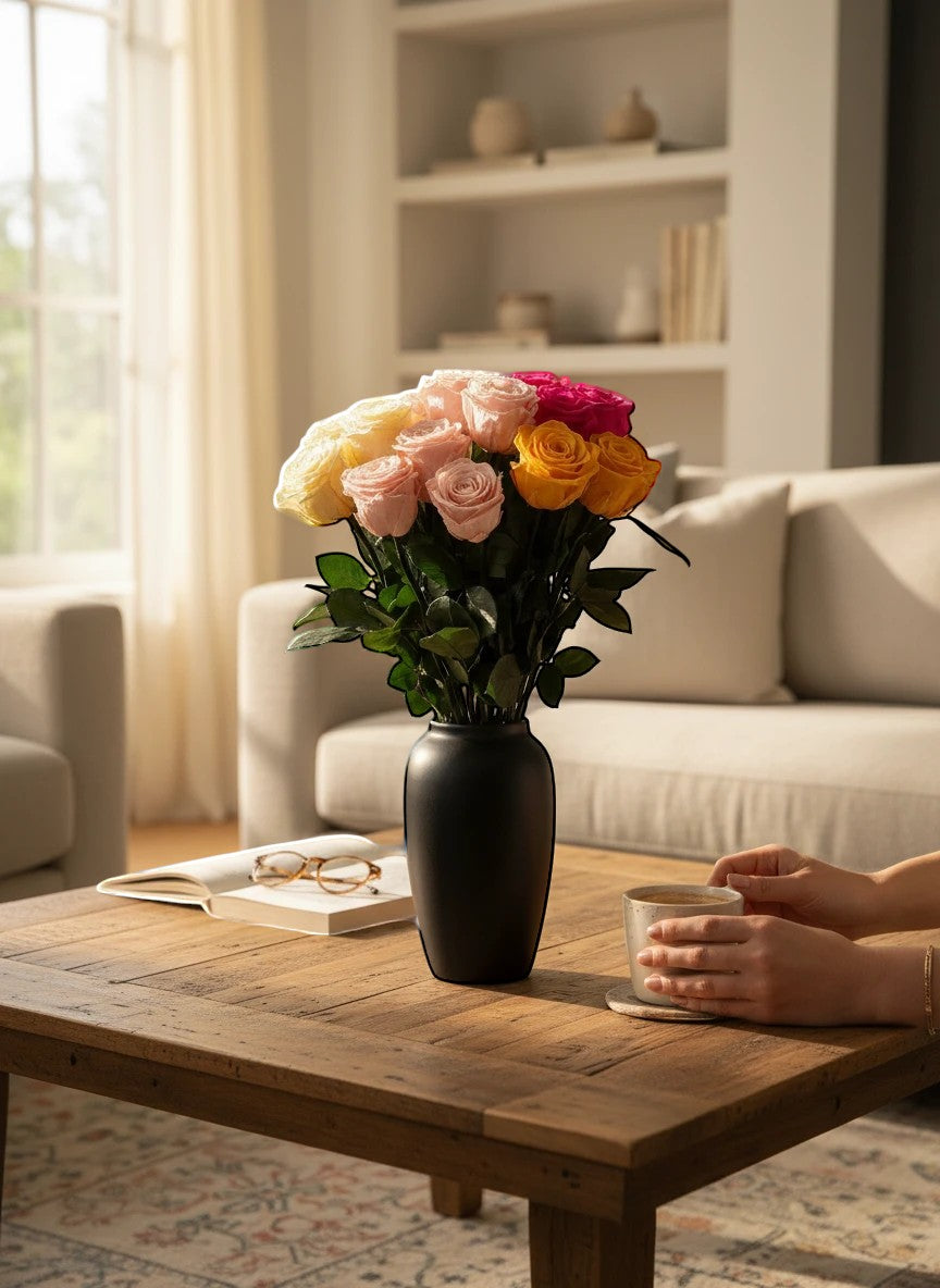 floragram multicolored preserved long stem roses in a black vase on a wooden coffee table in a cozy living room