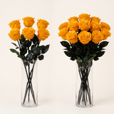 Six stem and twelve stem yellow preserved rose arrangements side by side for size comparison