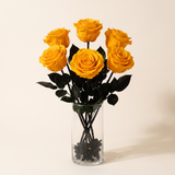 Six yellow long stem preserved roses arranged in a clear glass vase