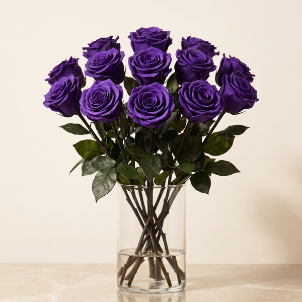 Twelve purple long stem preserved roses arranged in a clear glass vase
