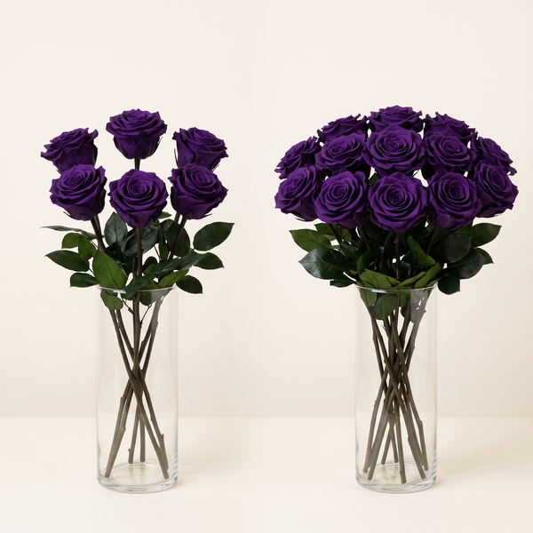 Purple long stem preserved roses arranged in a glass vase