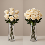 Cream long stem preserved roses arranged in a glass vase