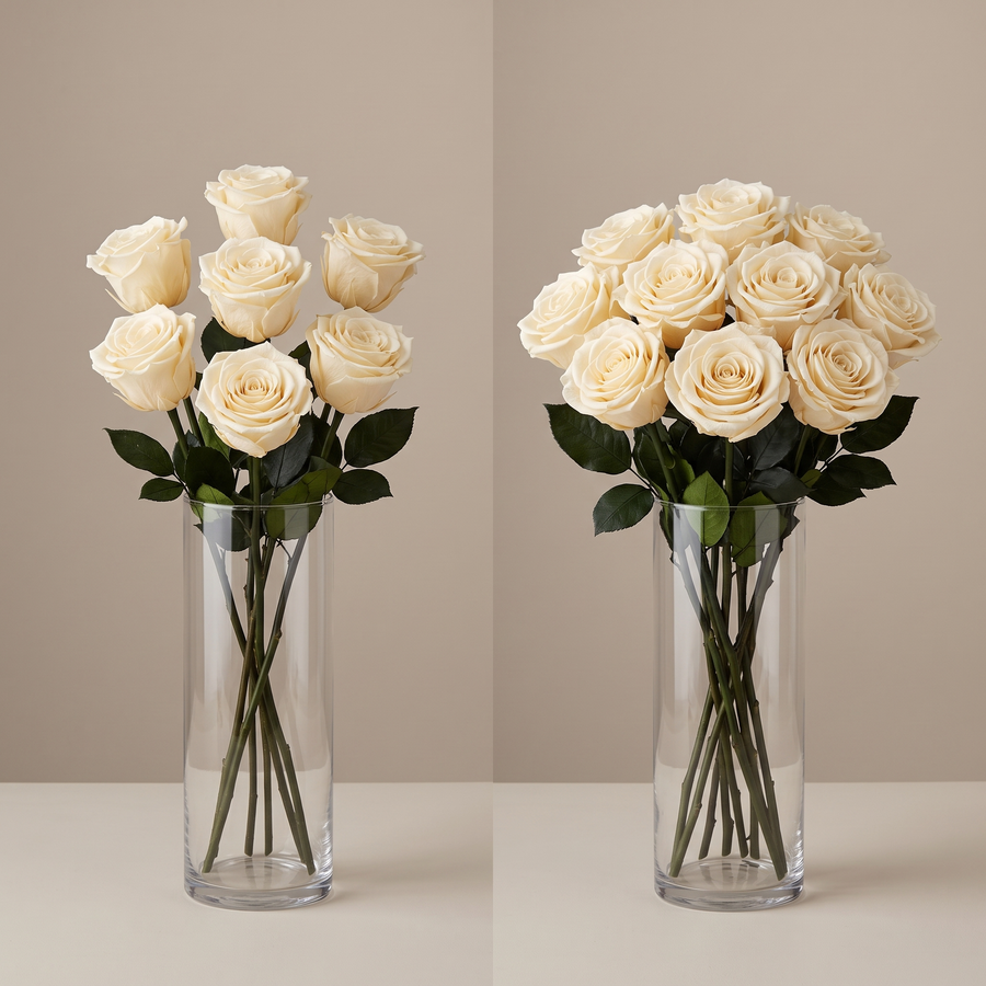 Cream long stem preserved roses arranged in a glass vase