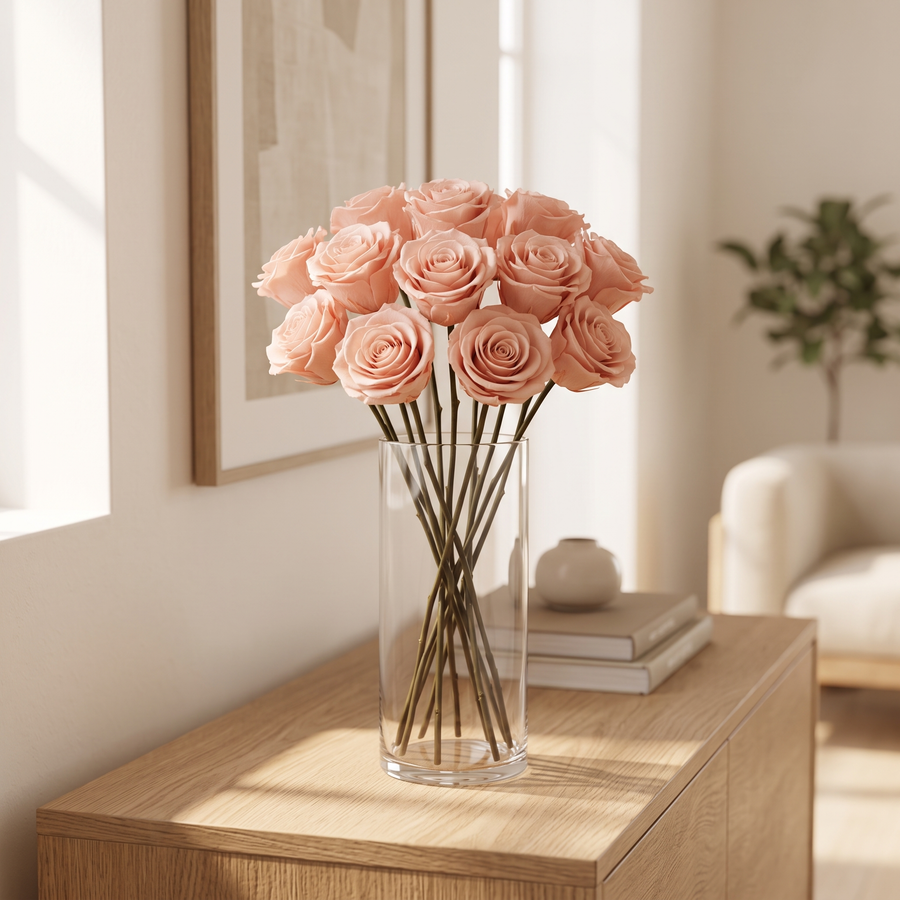 Pink long stem preserved roses arranged in a glass vase