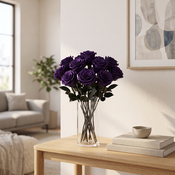 Purple long stem preserved roses styled in a vase in a modern living room